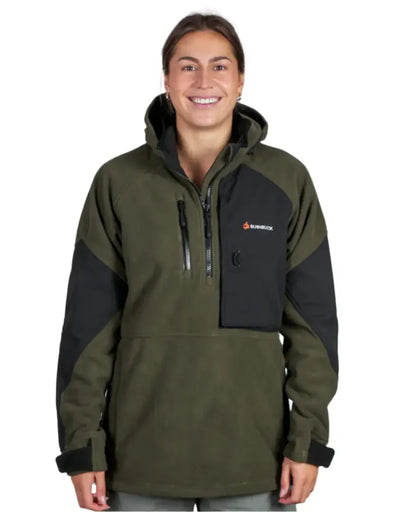 Olive green and black Bushbuck Frontier Windproof Fleece Pullover with chest pocket for country clothing