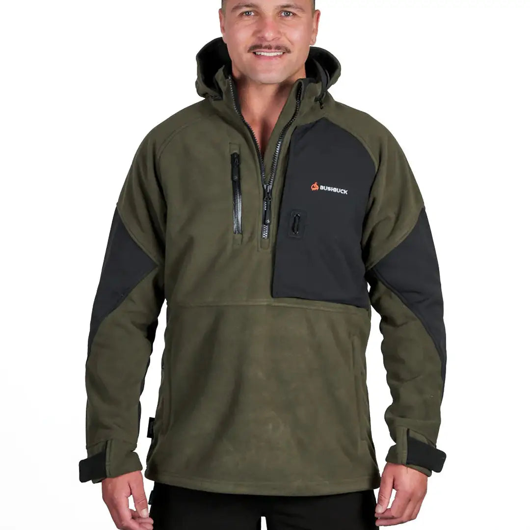 Olive green and black Bushbuck Frontier Windproof Fleece Pullover with chest pocket for country clothing