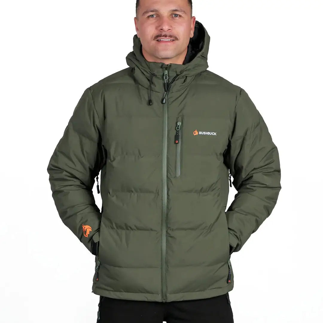 Olive green hooded puffer jacket for outdoor hunting country clothing by Bushbuck Furnace