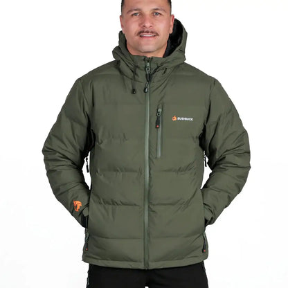Olive green hooded puffer jacket for outdoor hunting country clothing by Bushbuck Furnace