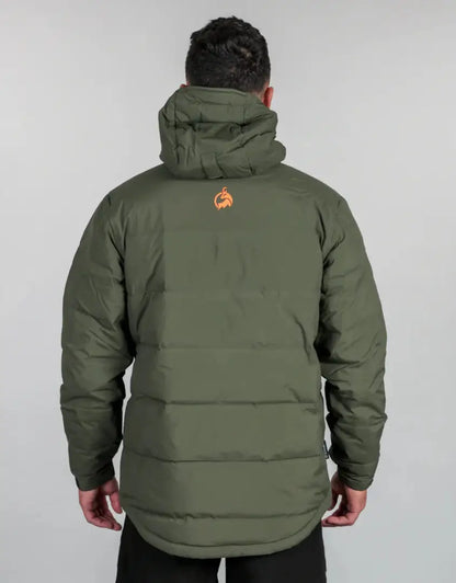 Olive green hooded puffer jacket perfect for country clothing, hunting, and outdoor adventures