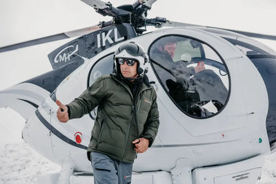 White and black helicopter image on Bushbuck Furnace waterproof down jacket for outdoor hunting gear