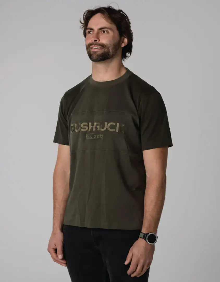 Olive green Bushbuck Heritage Cotton Tee with ushujci graphic