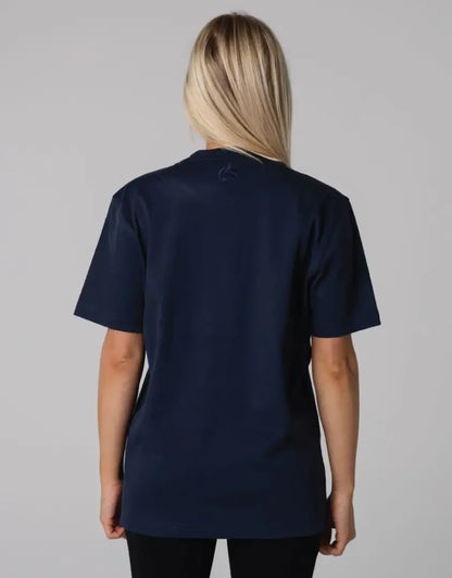 Navy blue short-sleeve Bushbuck Heritage Cotton Tee with V-neck and elastic cuffs