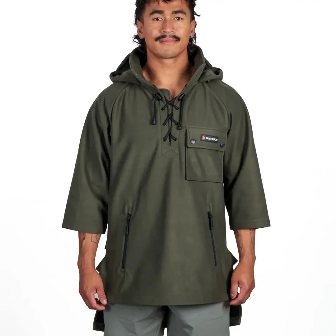 Olive green hooded anorak on Bushbuck Huntsman Bushshirt for a casual outdoor look