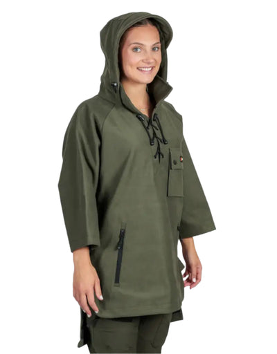 Olive green hooded poncho from Bushbuck Huntsman Bushshirt for outdoor adventures