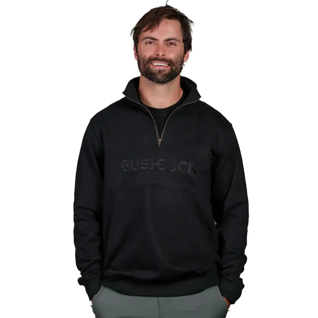 Black Bushbuck quarter zip sweatshirt with bushjack logo