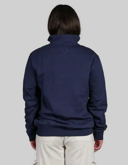 Navy blue quarter zip sweatshirt with ribbed cuffs and hem in soft cotton blend