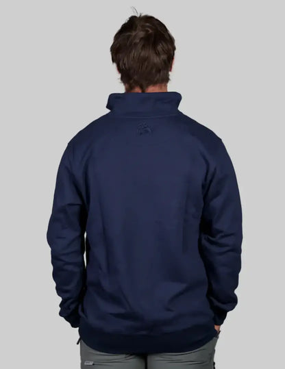 Navy blue Bushbuck quarter zip sweatshirt with fleece and ribbed cuffs