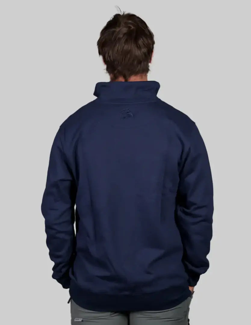 Navy blue Bushbuck quarter zip sweatshirt with fleece and ribbed cuffs