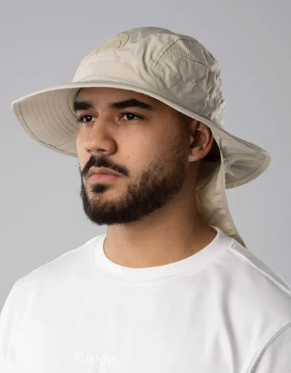 Beige Bushbuck Quick Dry wide brim bucket hat with chin strap