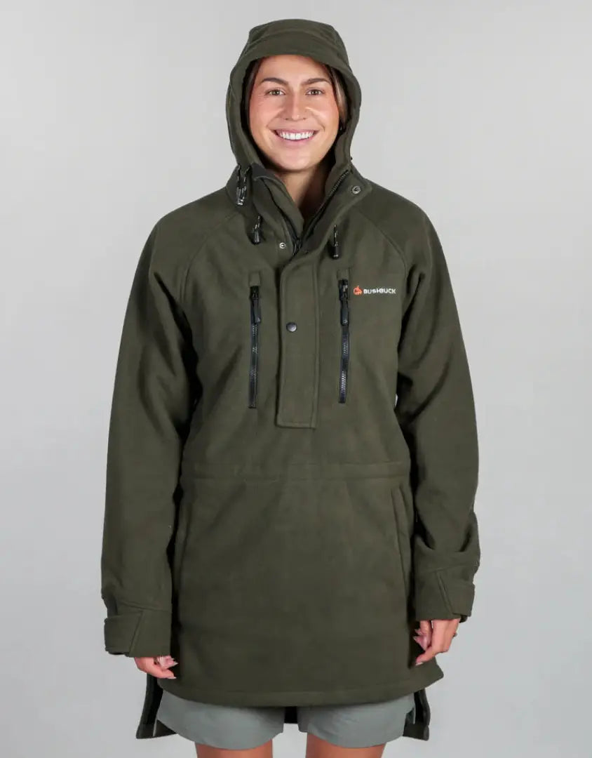 Green hooded anorak on Bushbuck Ranger Bushshirt perfect for hunting fleece country clothing