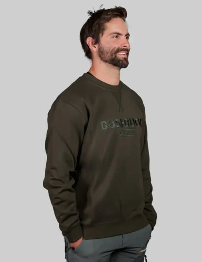Olive green Bushbuck Rise Crew sweatshirt with dark gray destroy text