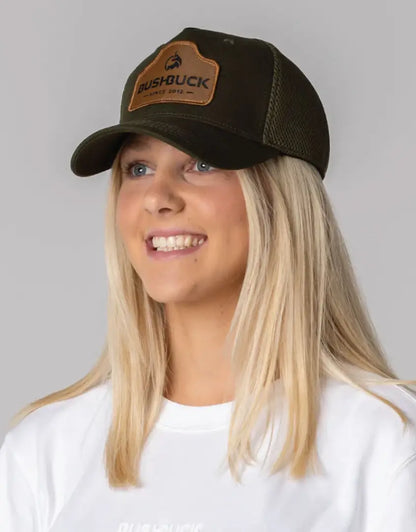 Brown Bushbuck snapback trucker cap with leather patch logo