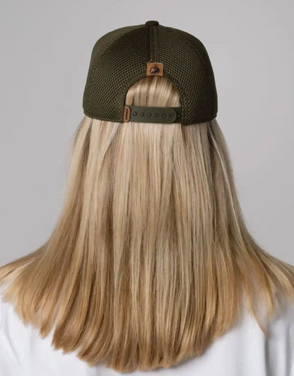 Bushbuck snapback trucker cap in olive green mesh with brown leather strap