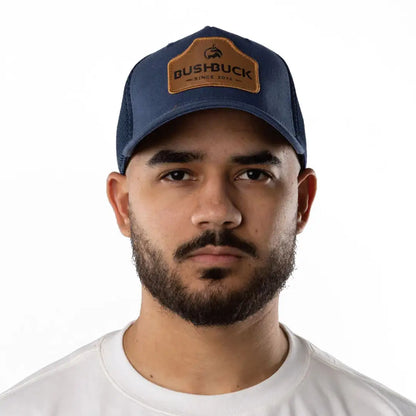 Navy blue Bushbuck Snapback Trucker Cap with leather patch logo