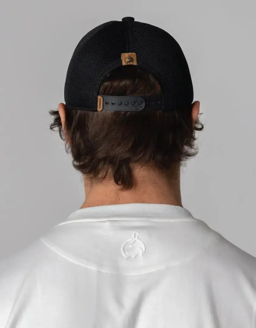 Bushbuck snapback trucker cap in black mesh with brown leather strap