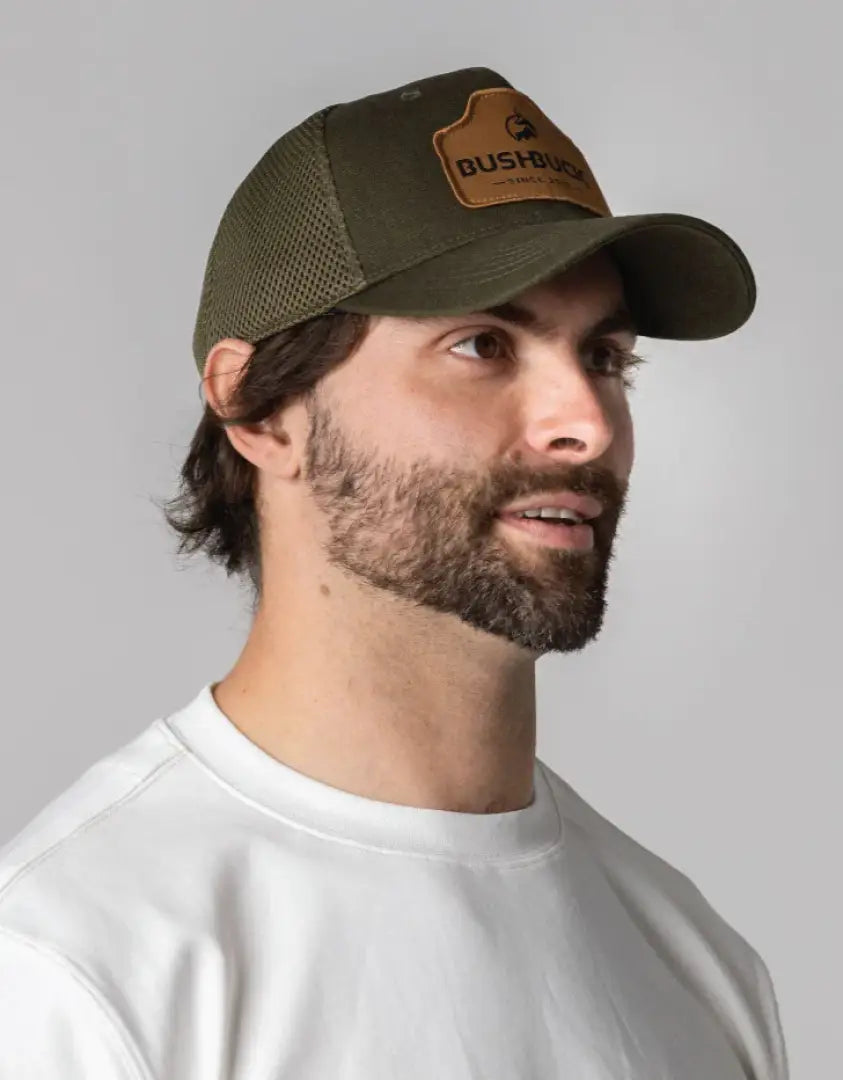 Olive green Bushbuck snapback trucker cap with leather patch
