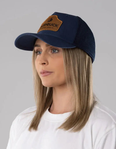 Navy blue Bushbuck snapback trucker cap with brown leather logo patch