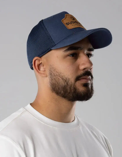 Blue Bushbuck snapback trucker cap with gushu leather patch