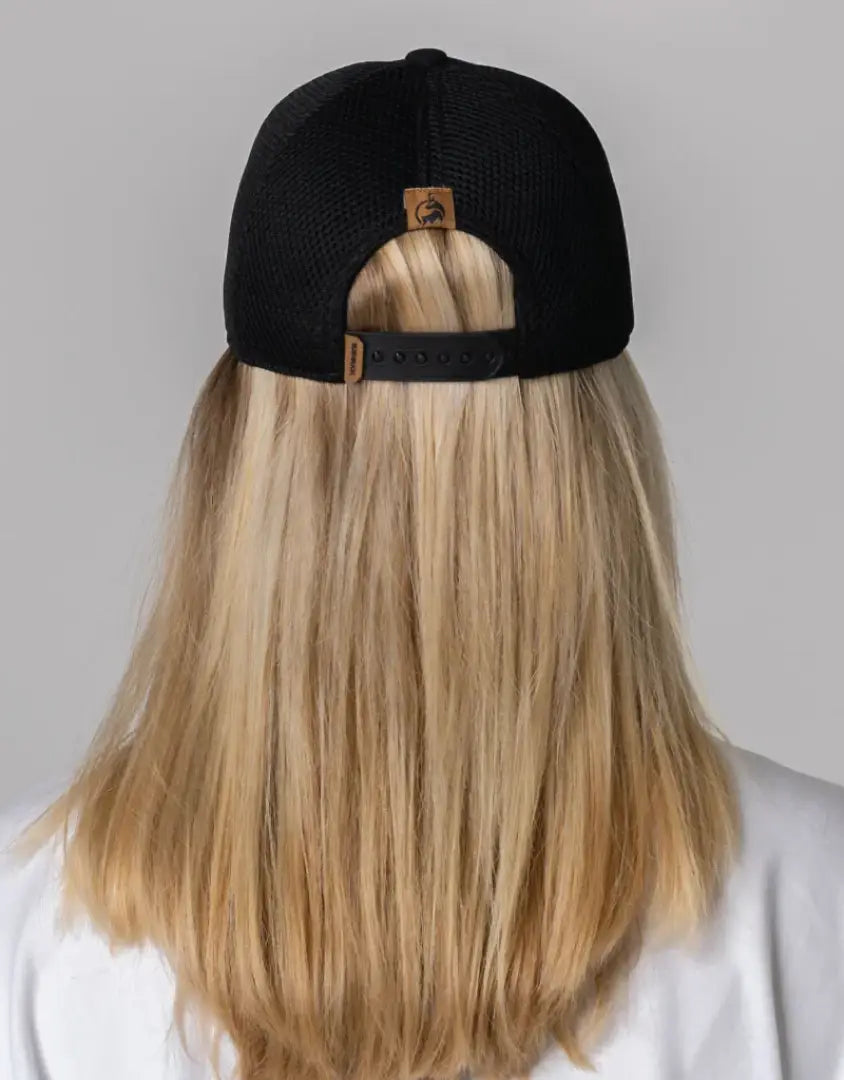 Bushbuck Snapback Trucker Cap in black mesh with tan leather strap