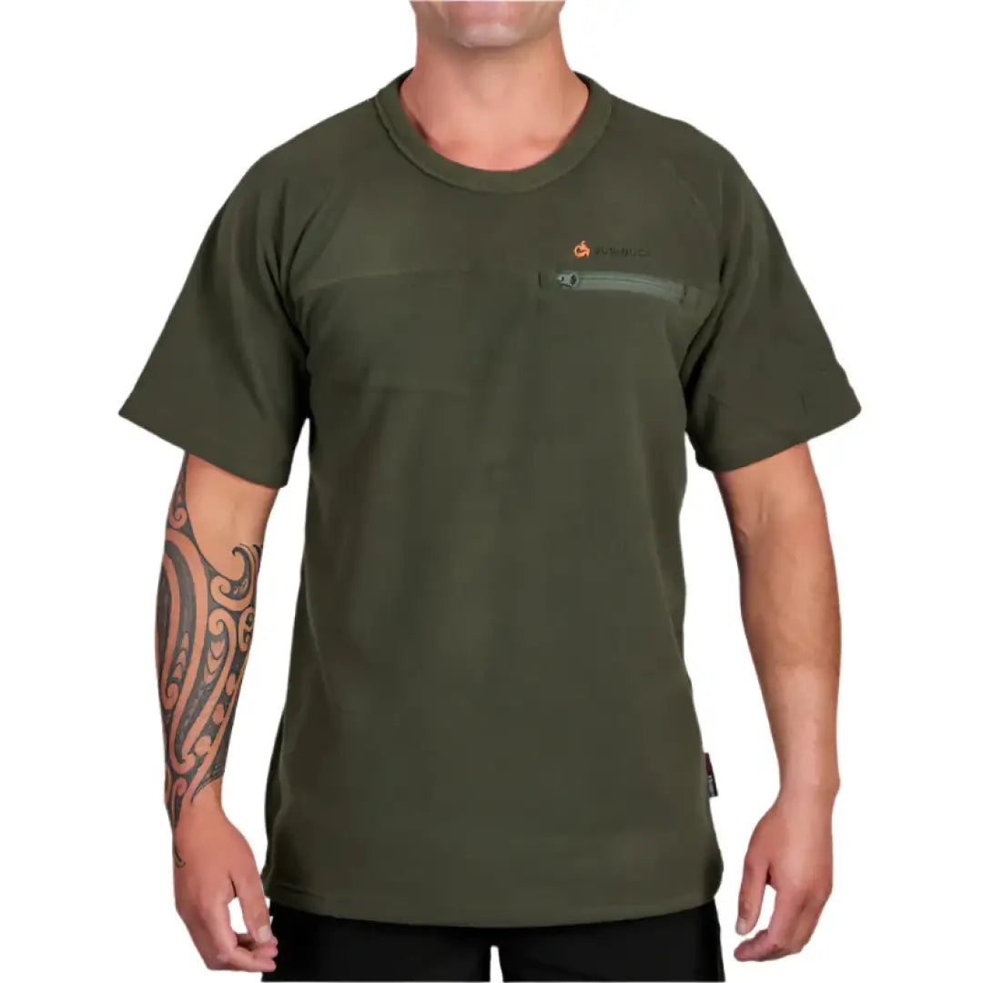 Olive green Bushbuck Vertex Fleece Tee with zippered chest pocket and short sleeves
