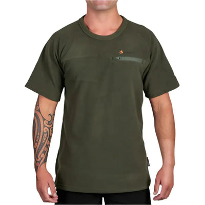 Olive green Bushbuck Vertex Fleece Tee with zippered chest pocket and short sleeves