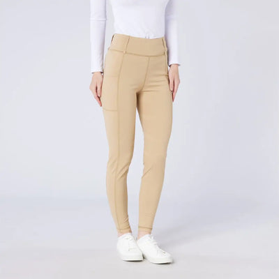 Women’s beige high-waisted season tights with front seams and side pockets for country hunting