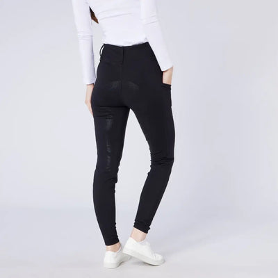 Women’s black high-waisted skinny season tights with side pockets and subtle stripe
