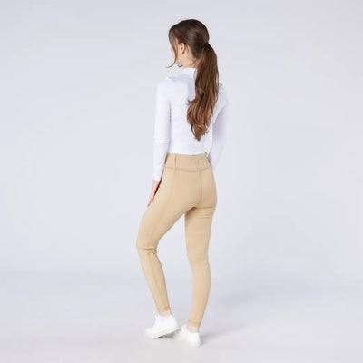 Women’s long-sleeve white turtleneck with light brown Cameo All Season Tights for country clothing