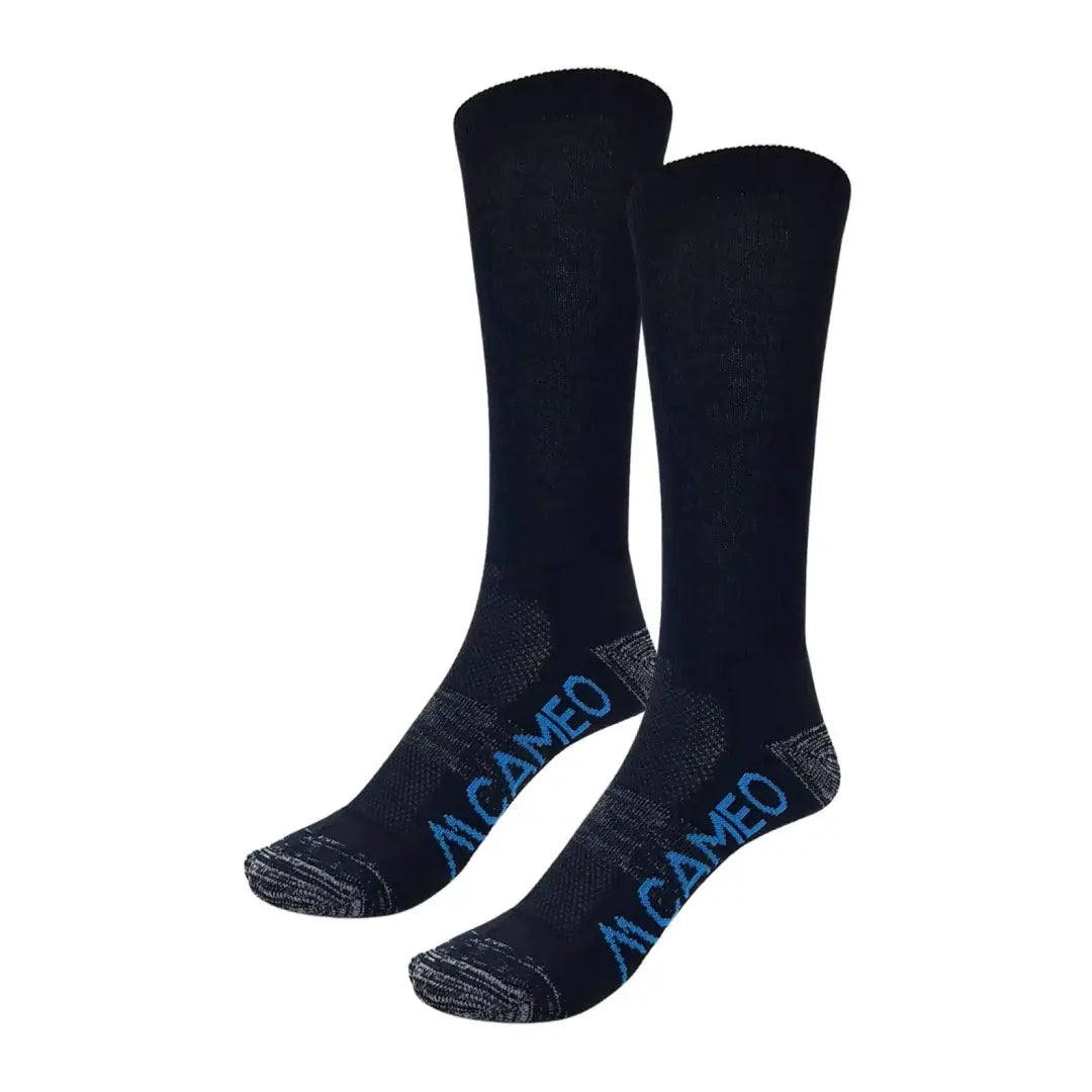 Black knee-high bamboo boot sock with light blue branding for Cameo Bamboo Boot Sock