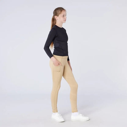 Cameo Junior All Season Riding Tights with long-sleeved black shirt and tan country clothing for hunting