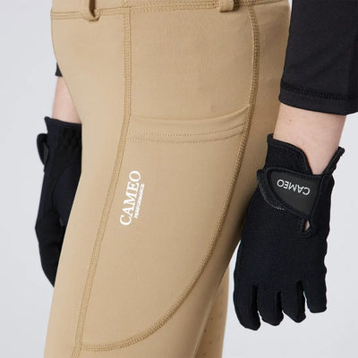 Tan riding pants with black gloves from Cameo Junior Performance Riding Tights for performance riding