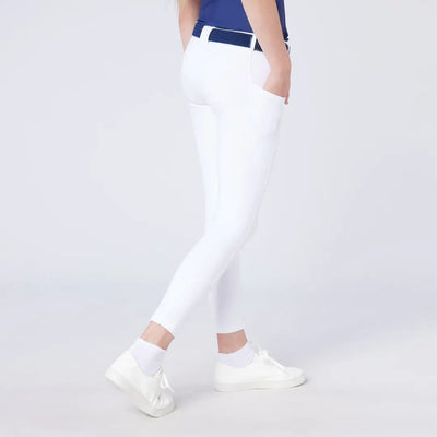 Slim-fit white riding pants with navy belt, perfect country clothing for hunting outdoors