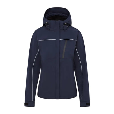 Navy blue riding jacket with white trim, perfect for country clothing and hunting trips