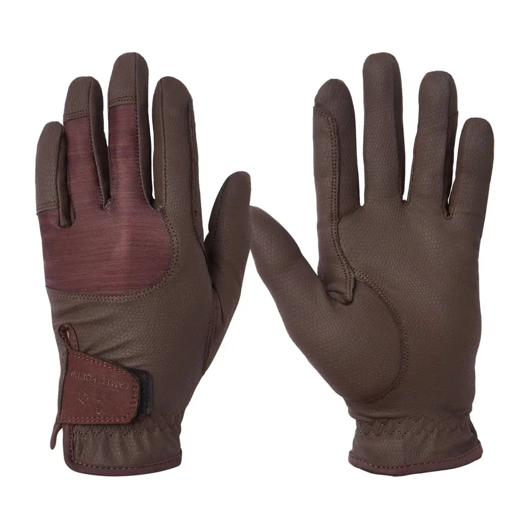 Two brown leather technical riding gloves with reinforced palms and adjustable straps