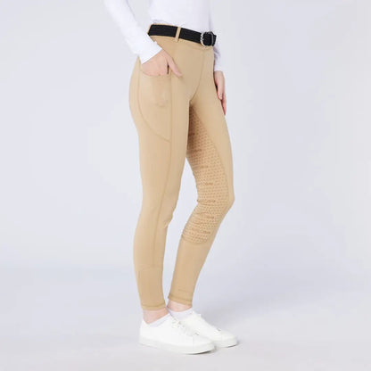 Tan women’s equestrian riding pants with full seat grip for country clothing and outdoors riding