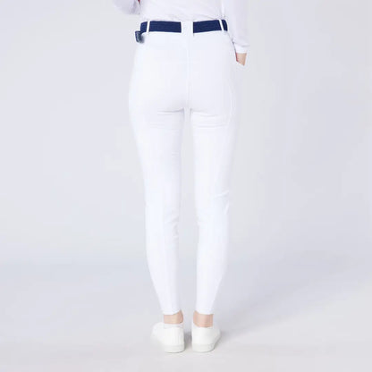 White women’s riding pants with navy belt for country clothing and outdoor riding adventures