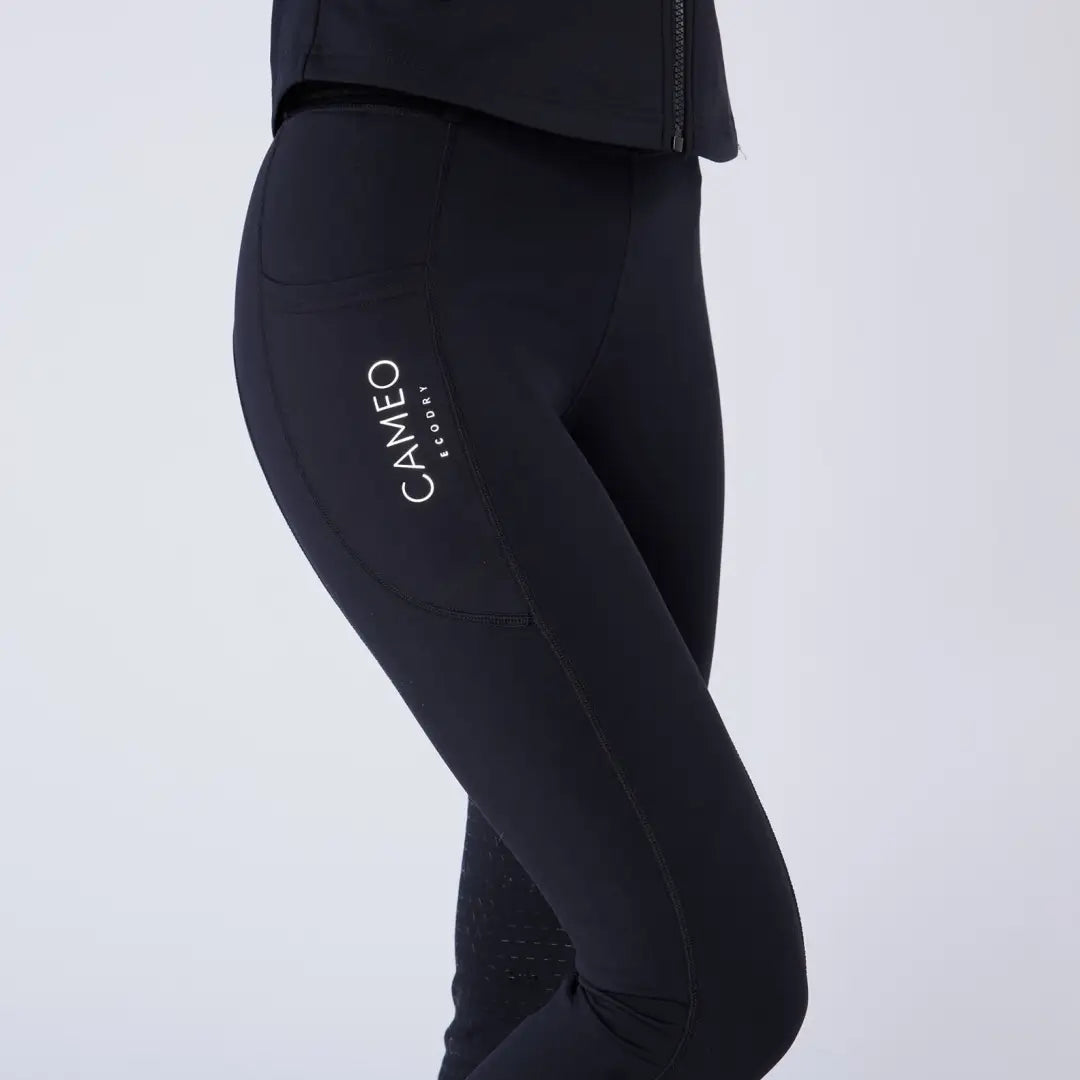 Black Cameo ThermoDry riding tight with white CAMEO EQUESTRIAN logo, perfect for country clothing outdoors
