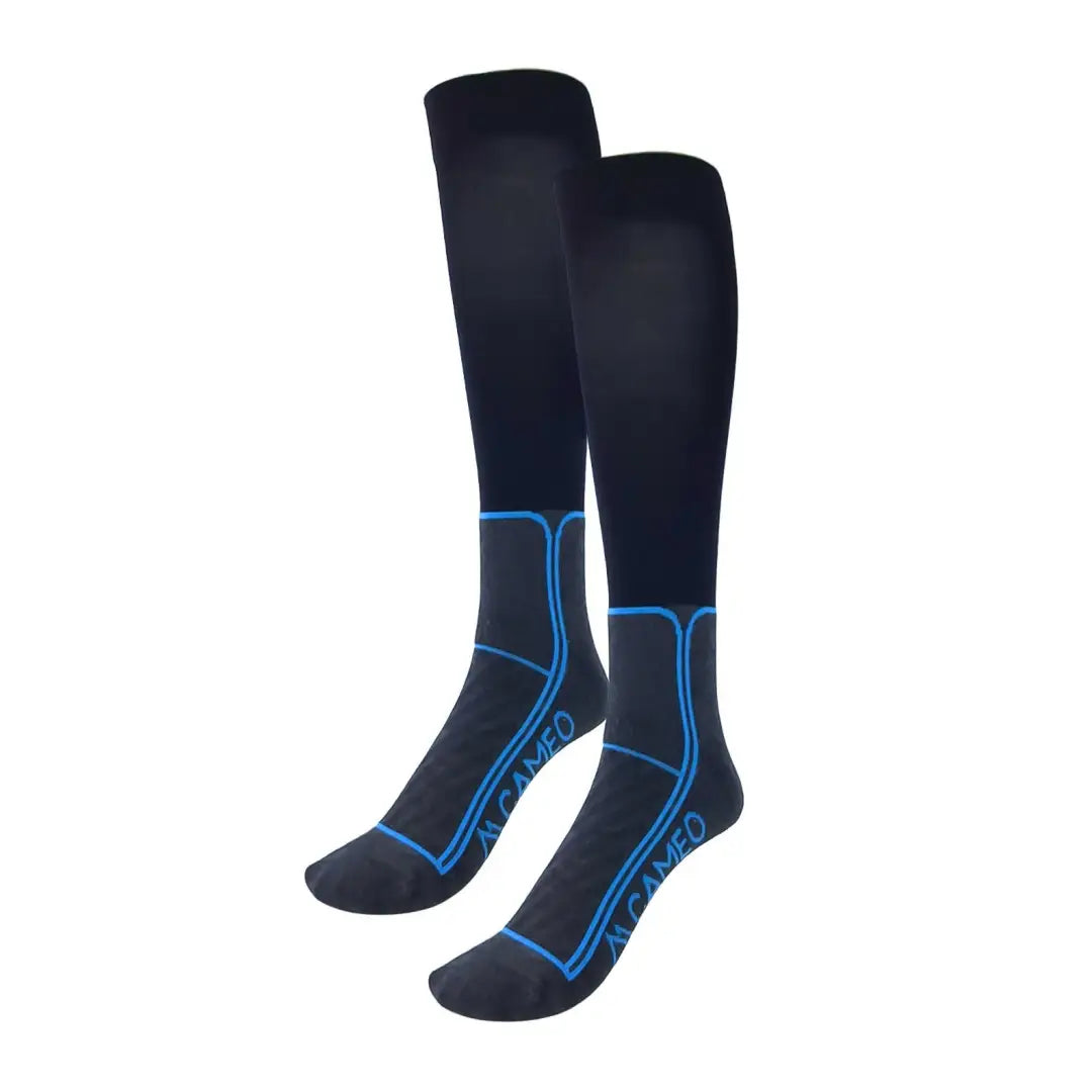 Black knee-high compression socks with blue accents for country clothing and outdoor hunting