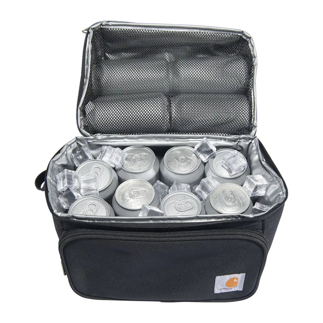 Black Carhartt 12 Can Cooler Bag with cans and ice for outdoor country clothing and hunting