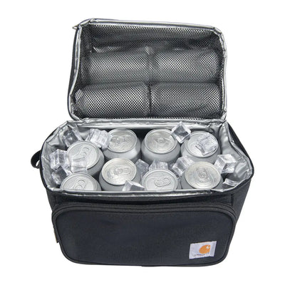 Black Carhartt 12 Can Cooler Bag with cans and ice for outdoor country clothing and hunting