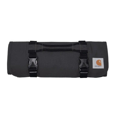 Black Carhartt 18-pocket utility roll bag with straps and buckle