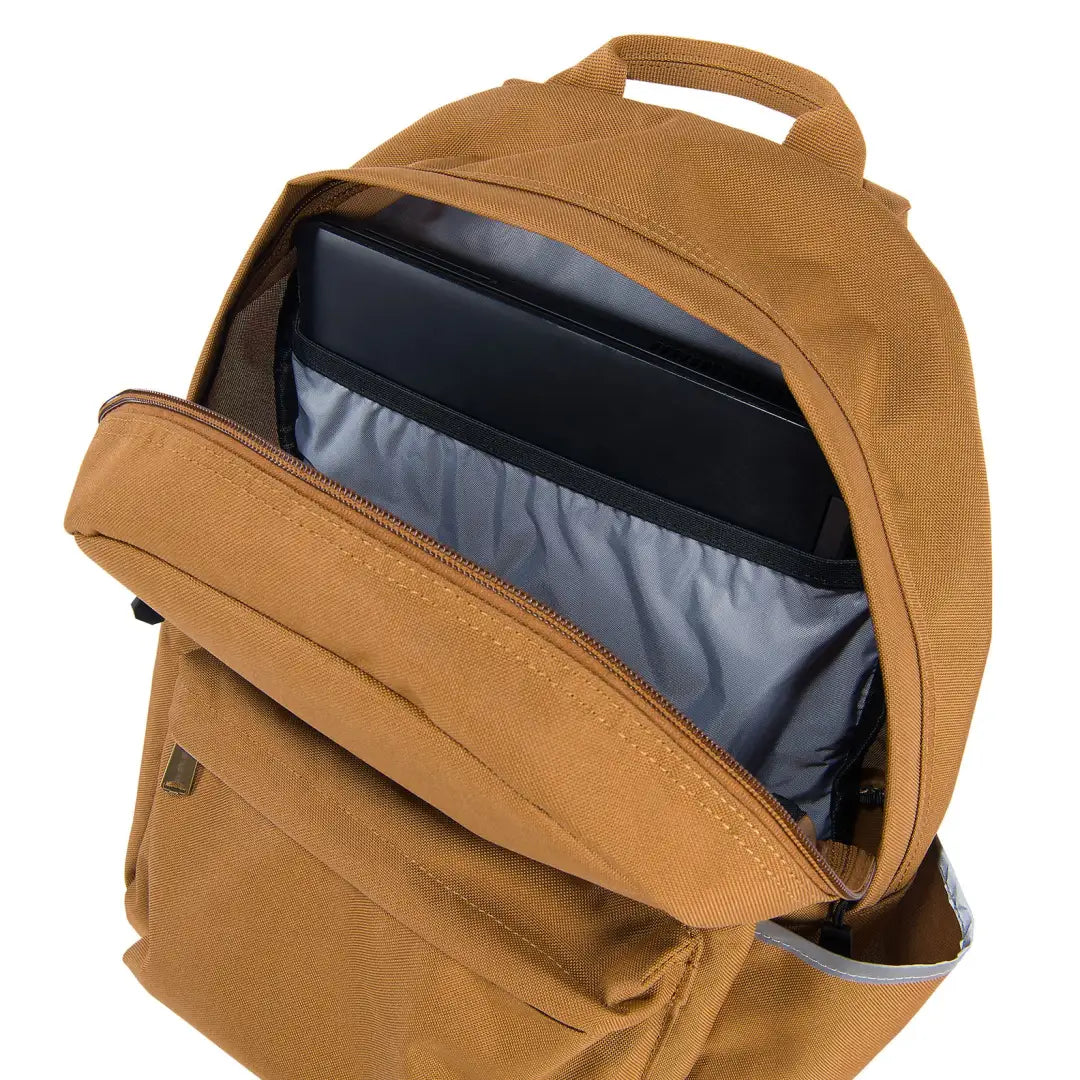 Open brown Carhartt 21L Classic Laptop Backpack for outdoors and country clothing lovers