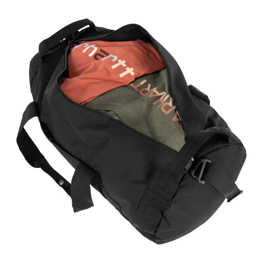 Carhartt 40L Classic Round Duffel Bag with black bag, orange and green clothes inside, drawstring closure