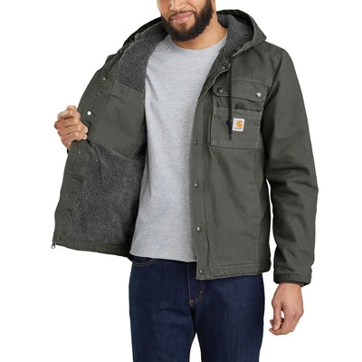 Dark olive Carhartt Bartlett relaxed fit jacket with gray fleece lining and pockets