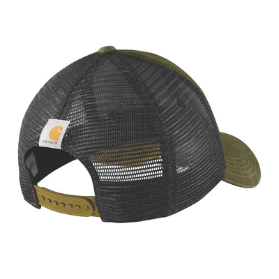 Green and black mesh baseball cap from Carhartt for country clothing and outdoor adventures