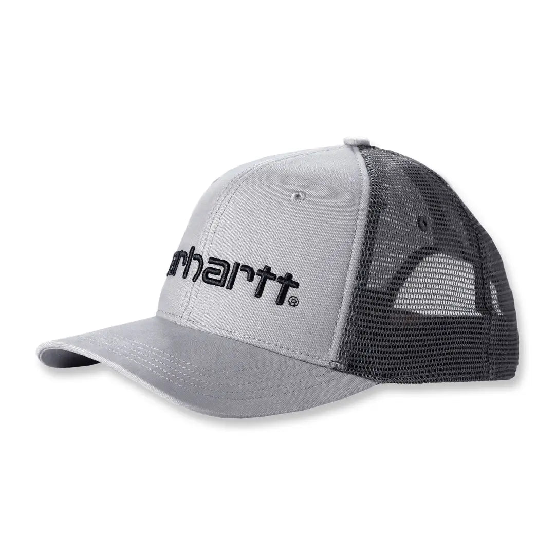 Gray Carhartt canvas logo graphic cap with black embroidered logo and mesh back