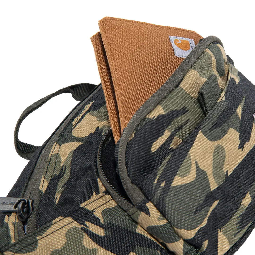 Carhartt Classic Waist Pack in camo with brown leather accents