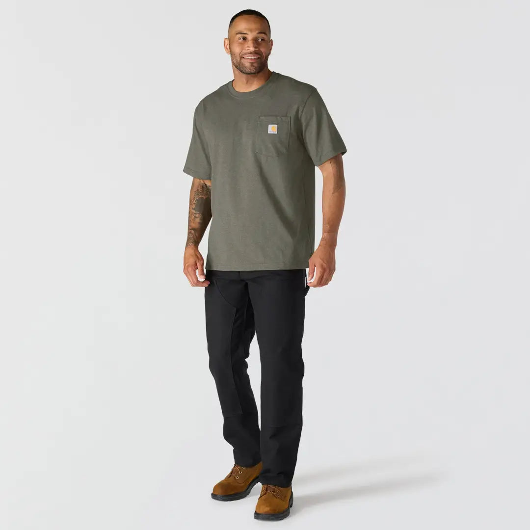 Olive green Carhartt Dearborn t-shirt with yellow logo pocket for outdoors